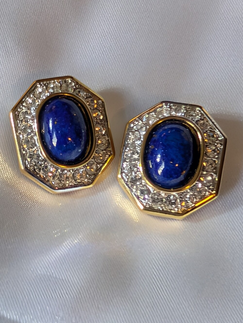 Vintage Nina Ricci Gold Plated Faux Lapis Lazuli Rhinestone Octagon Clip Ons